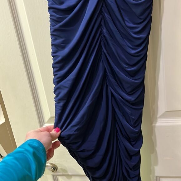 Alice + Olivia Women XS Stretchy Cowl Neck Form fitting Navy Blue Cocktail Dress - Picture 13 of 16